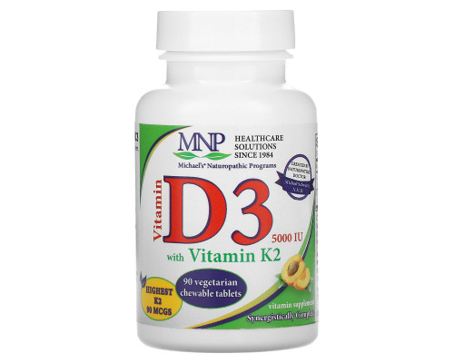 Вітамін D3, вітамін K2, натуральний абрикосовий смак, 5000 ІЕ, Michael's Naturopathic, 90 жувальних таблеток