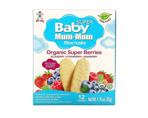 Органічні рисові сухарики, супер-ягоди, Baby Mum-Mum, Organic Rice Rusks, Super Berries, Hot Kid, 12 упаковок по 2 упаковки по 50 г (1,76 унції) кожна