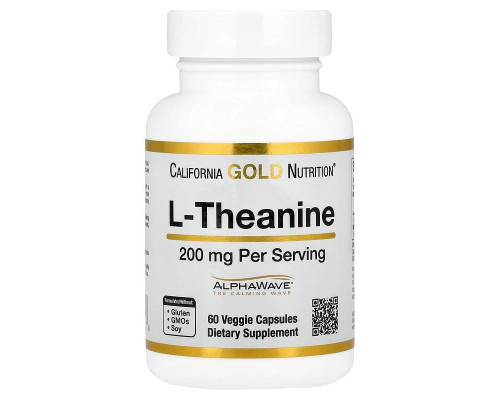 Теанін California Gold Nutrition (L-Theanine AlphaWave Supports Relaxation Calm Focus) 200 мг 60 вегетаріанських капсул