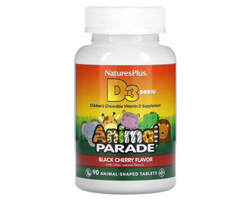 Вітамін D3 для дітей «Animal Parade» Nature's Plus 500 МО, 90 таблеток зі смаком чорної вишні