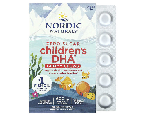 Nordic Naturals, Children's DHA, жувальні таблетки з ДГК для дітей віком 2–6 років, зі смаком тропічного пуншу, 600 мг, 30 жувальних таблеток