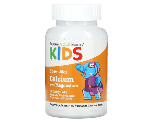 Кальцій з Магнієм для дітей California Gold Nutrition Kids 90 вегетаріанських таблеток зі смаком торта