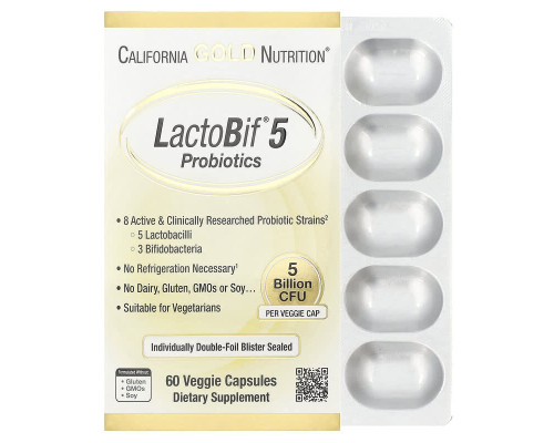 Пробіотики LactoBif California Gold Nutrition 5 млрд КУО, 60 вегетаріанських капсул