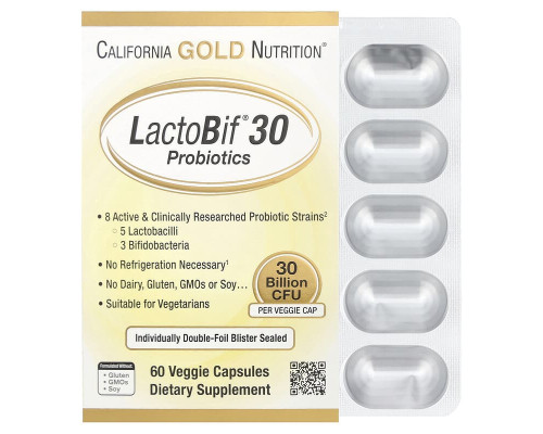 Пробіотики LactoBif California Gold Nutrition 30 млрд КУО, 60 вегетаріанських капсул