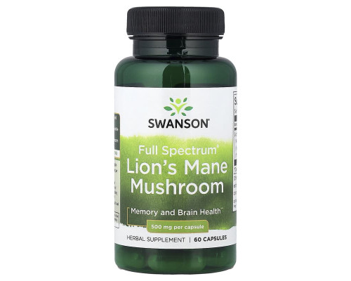 Їжовик гребінчастий Swanson (Lion's Mane) 500 мг, 60 капсул