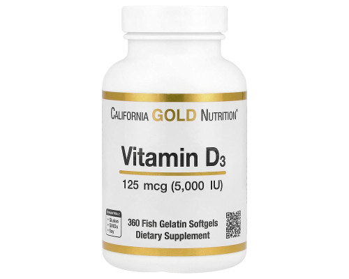 Вітамін Д3 California Gold Nutrition (Vitamin D3) 5000 МО, 360 желатинових капсул