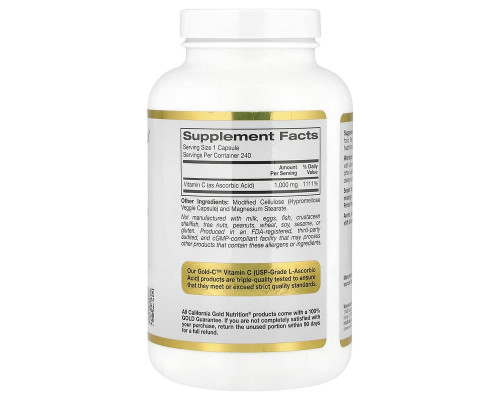 Вітамін С класу USP California Gold Nutrition (Gold C) 1000 мг, 240 вегетаріанських капсул
