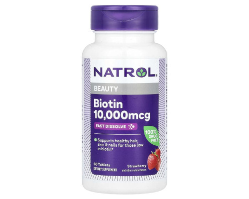 Natrol, швидкорозчинний біотин, максимальна ефективність, полуниця, 10 000 мкг, 60 таблеток